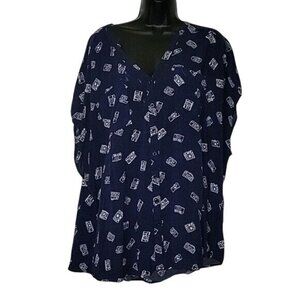 TORRID Novelty Navy Blue Camera Print Button Down Top Blouse Casual Shirt beachy